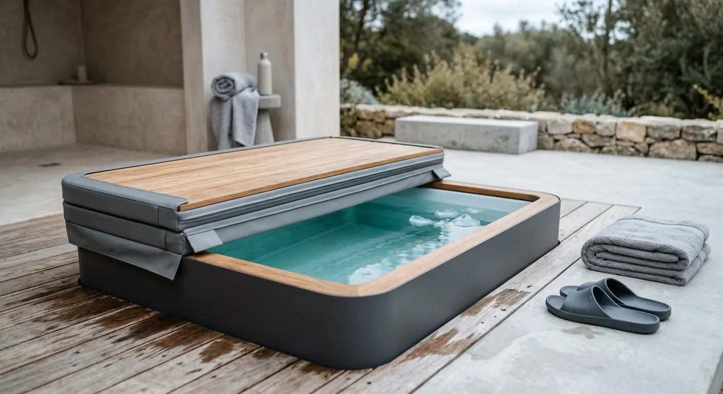 UV-reflective insulated cover buckled tight over a cold plunge barrel tub on a sunny outdoor deck, chiller unit beside it, showing energy-efficient cold retention