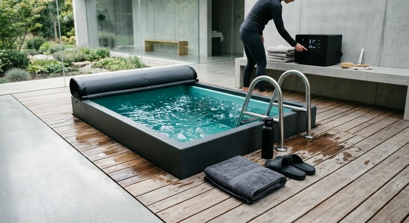 Close-up of a cold plunge tub interior filled with crystal-clear treated water, filter cartridge visible, clean ice-teal tone, lab-clean aesthetic